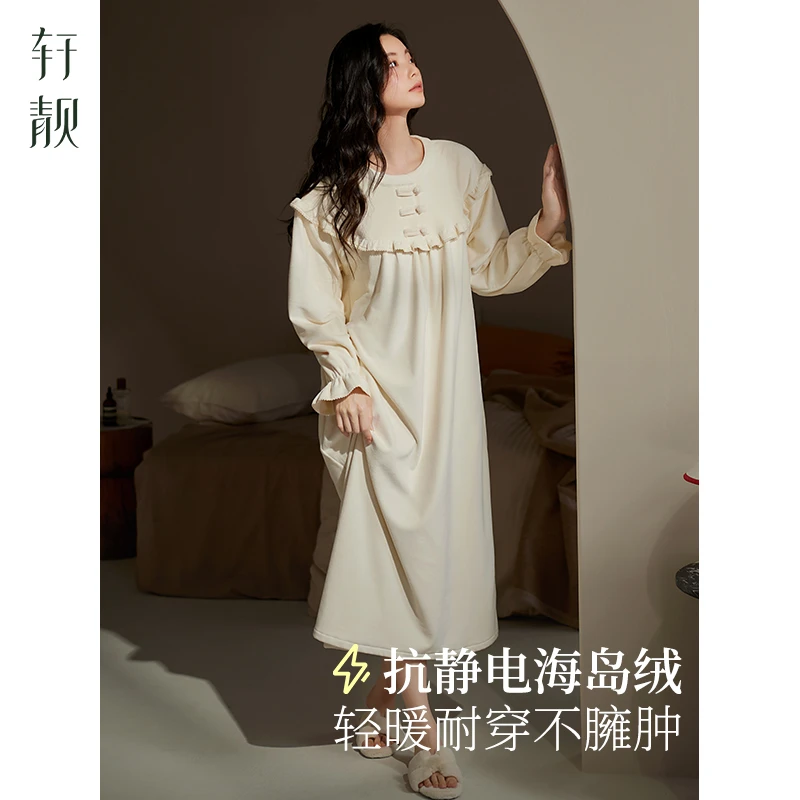 【海岛绒】新中式睡裙女秋冬季加绒珊瑚绒2025新款超长裙薄绒睡衣
