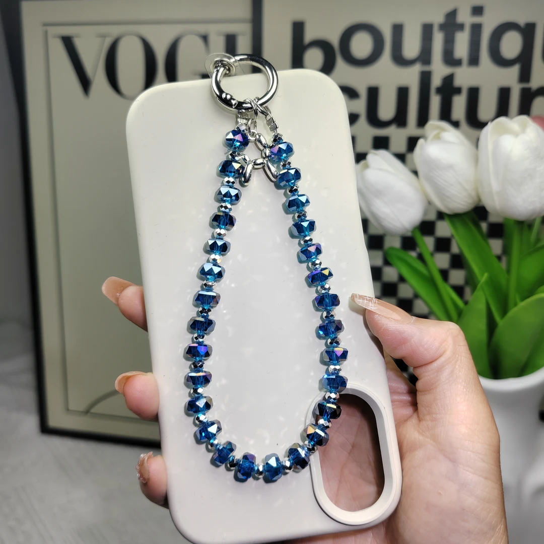 水晶珠子匙时尚百搭气质蓝色轻奢手机链挂件挂绳