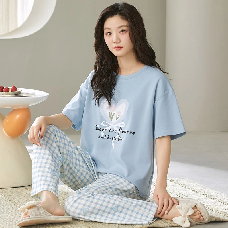 带胸垫夏季新款带胸垫条纹短袖长裤带胸垫休闲睡衣宽松家居服套装