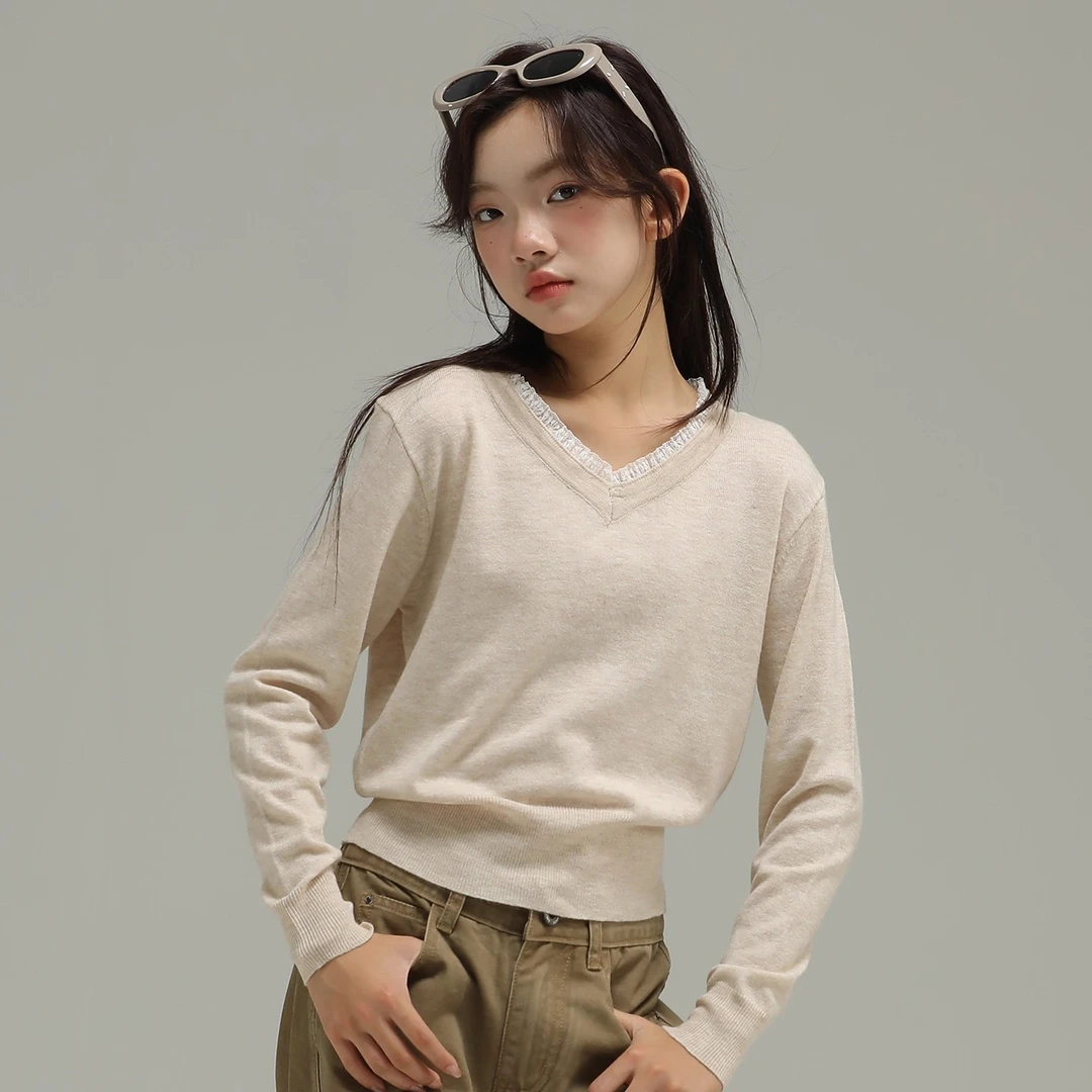 小女森女童春秋V领花边杏色针织衫中大童收腰内搭针织打底衫上衣