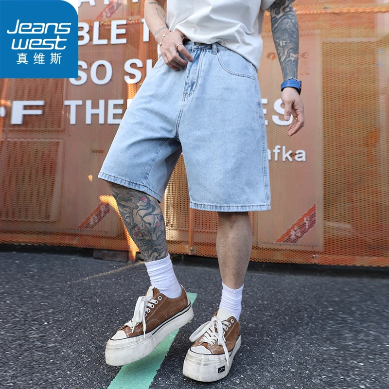 真维斯浅蓝色牛仔裤男士夏季薄款美式潮牌宽松中直筒中短裤