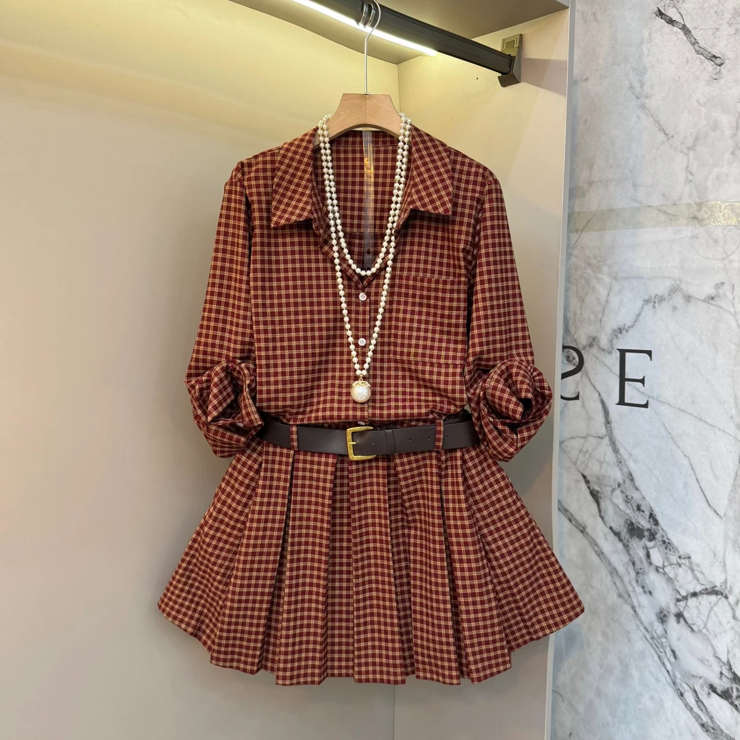 2025早秋新款精致感百褶格子衬衫裙韩系百搭减龄显瘦套装2001