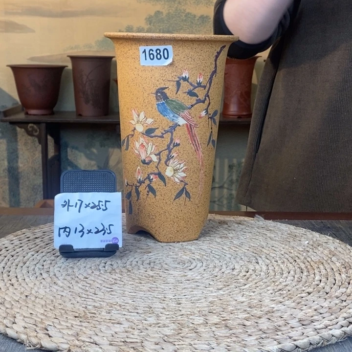 花盆紫砂  特价柴烧绶带鸟彩绘签筒1680