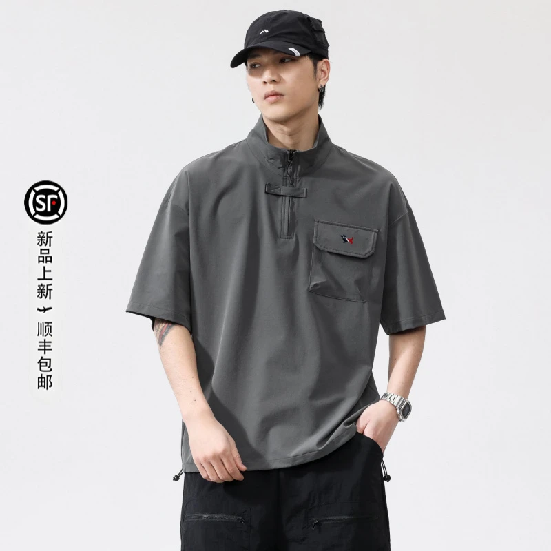 驭瑛汤米 格罗斯夏季美式polo衫男士冰丝t恤宽松刺绣拉链短袖上衣
