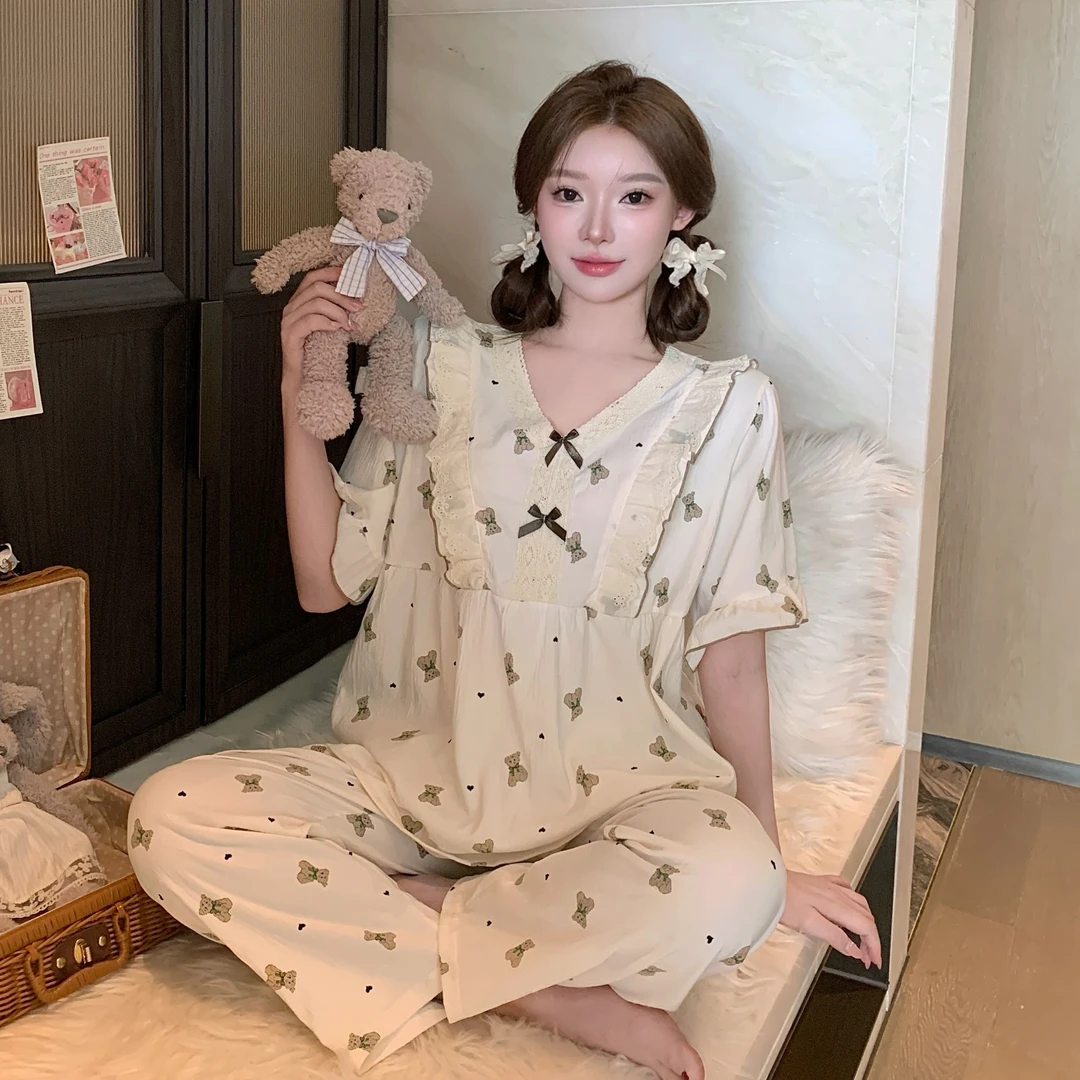 云朵棉短袖长裤V领蕾丝边大码夏薄款宽松甜美减龄睡衣家居服套装