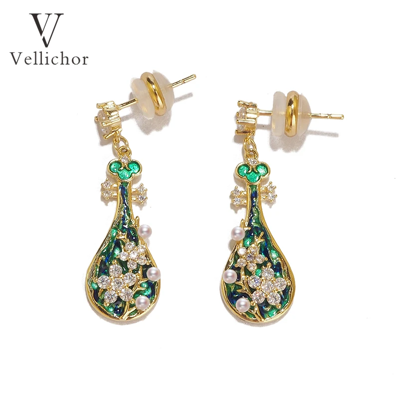 铜合金耳饰 国风如意桃花琵琶耳环女S925银针文艺小众轻奢耳钉