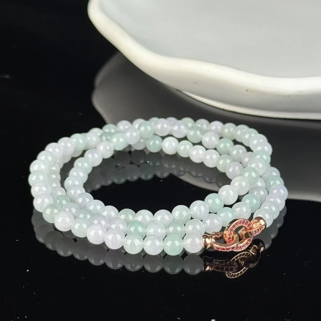 约5mm天然A货翡翠春彩糯冰圆珠项链