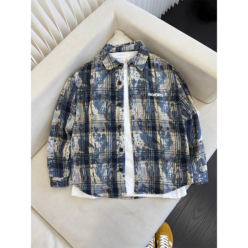 cleanfit蓝色扎染格子衬衫男高级感痞帅长袖衬衣叠穿美式情侣外套