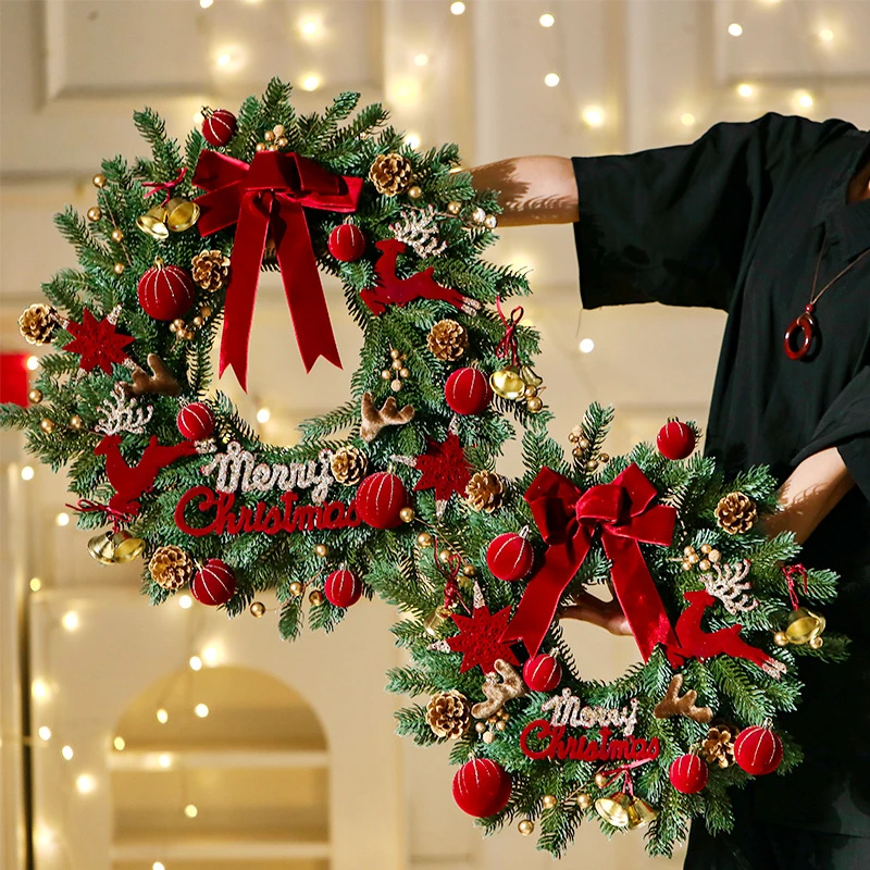 圣诞节花环北欧风圣诞节装饰品家居墙挂门挂饰圣诞球驯鹿花环藤条