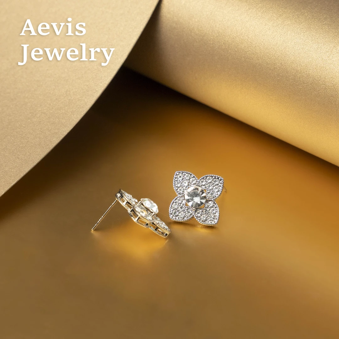 铜合金耳饰 Aevis Jewelry金瓣钻花耳钉 高级华丽宴会款-6074