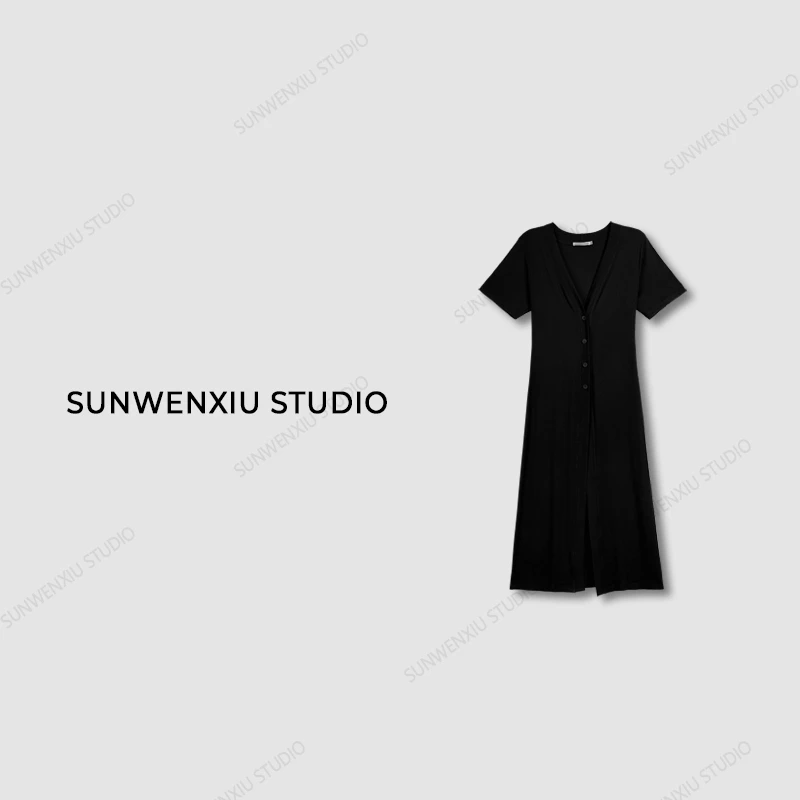 swx studio2店 “气质女生'系列超显瘦黑色长款收腰上衣