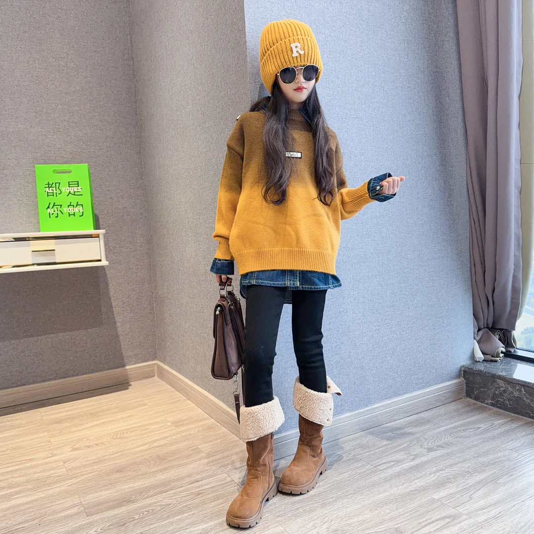 女童渐变毛衣秋冬季加厚2025新款儿童宽松圆领针织衫洋气内搭上衣