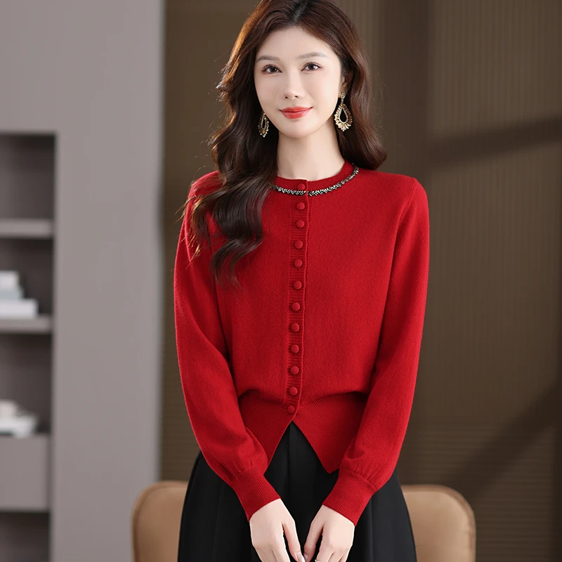 秋冬中年妈妈装高档洋气薄款长袖针织100%羊毛圆领开衫打底羊毛衫