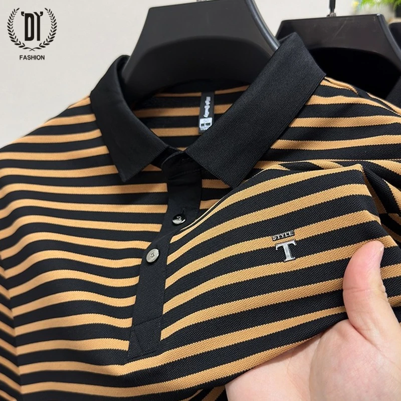 翻领短袖T恤男夏季薄款商务休闲条纹polo衫宽松爸爸商务时尚男装