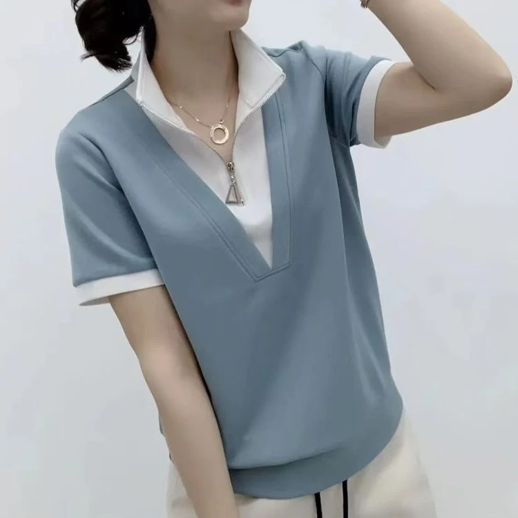 夏季新款立领半拉链假两件清新时尚百搭洋气短袖T恤翻领减龄棉舒