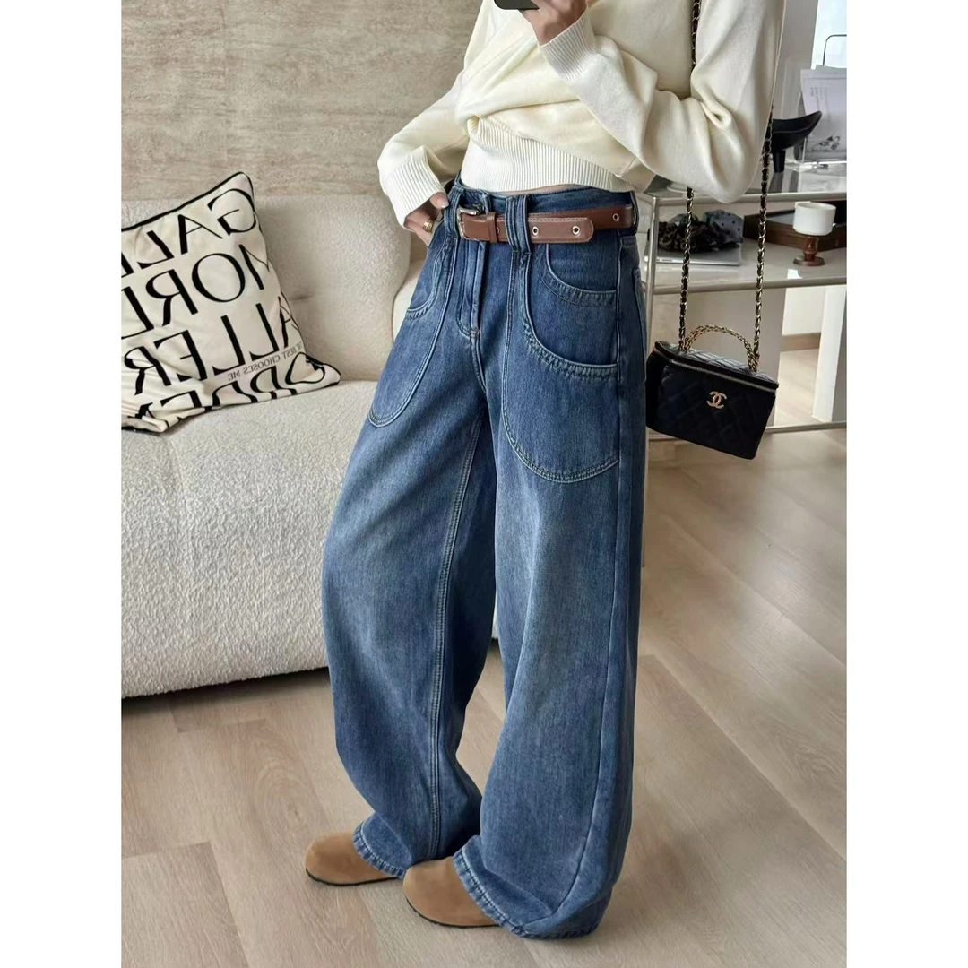 SP【北欧游学】设计感双层口袋水洗蓝色牛仔裤阔腿长裤女配皮带