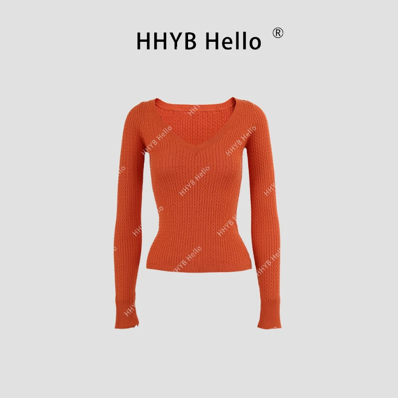 HHYB Hello【2025春季新款】麻花毛针织打底衫V领长袖纯色上衣M1041