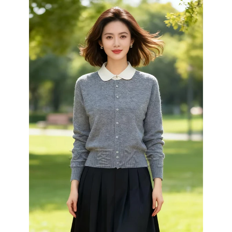 9860#秋冬娃娃领长袖针织开衫女短款毛衣外套POLO领小个子上衣