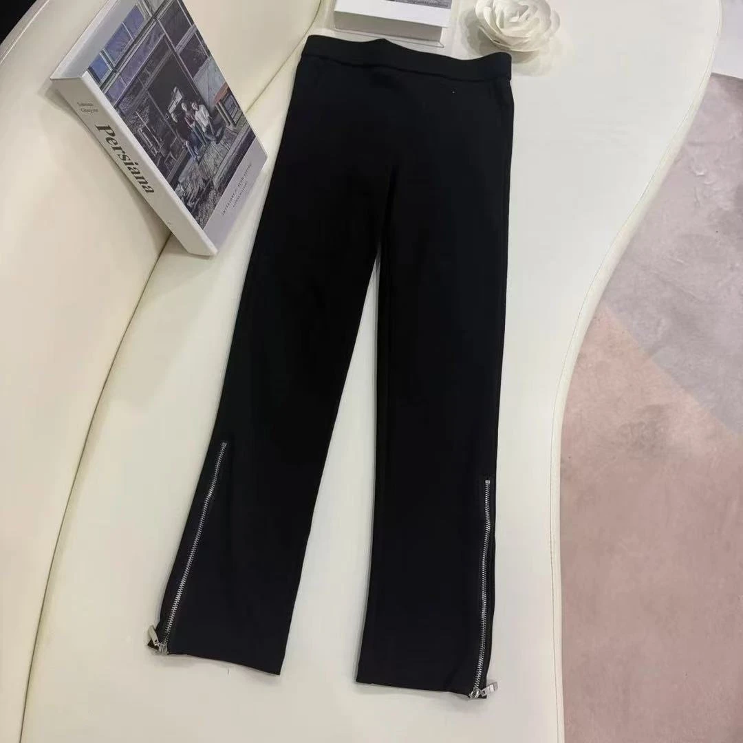 【698】烟管裤女春秋季新款直筒侧拉链弹力黑色高腰大码显瘦小脚裤