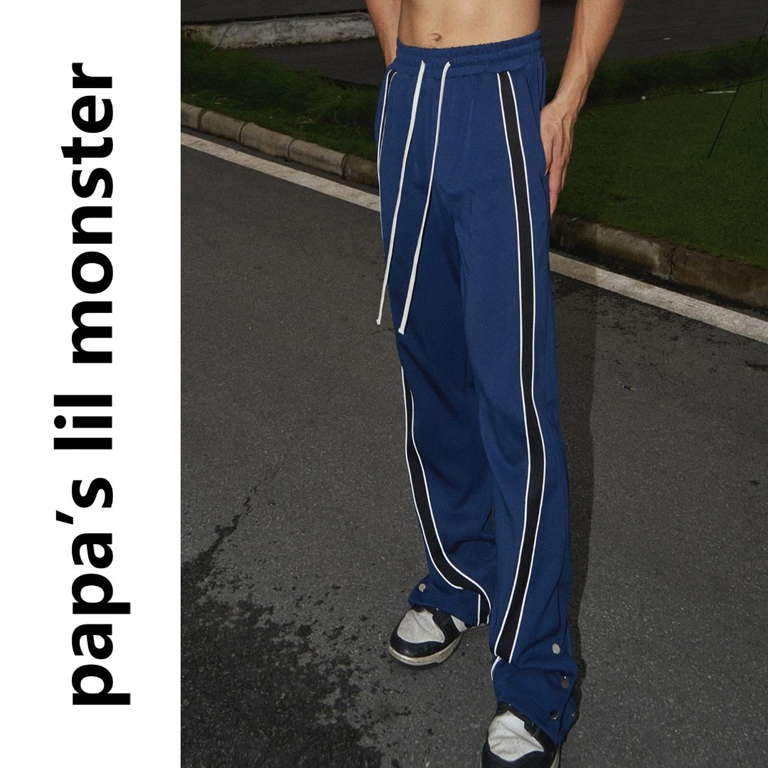 lil monster夏季美式运动卫裤男 侧面拼接修身抽绳条纹直筒裤女