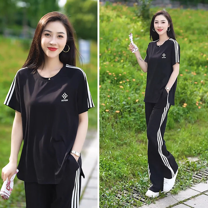 冰丝休闲运动套装女2025夏季新款时尚宽松大码短袖阔腿裤两件套潮