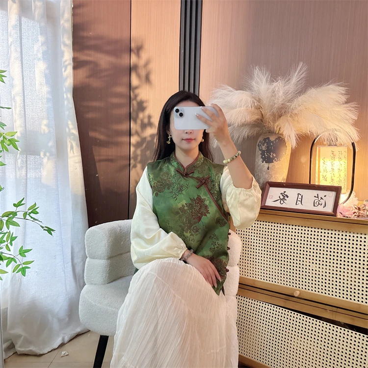 【京城牡丹】新中式国风香云重缎提花斜襟高级感女士洋气马甲上衣