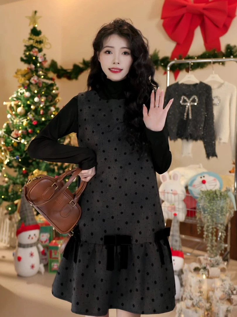 法式植绒印花灰色背心连衣裙女冬甜美蝴蝶结宽松显瘦打底短裙745