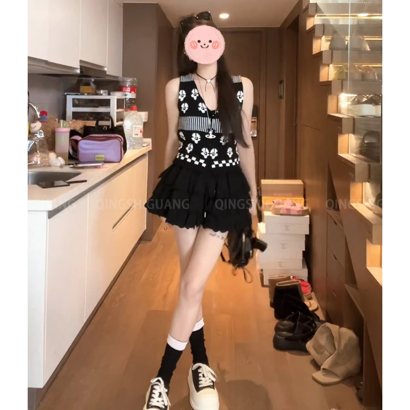 夏季新款韩系手工花朵针织无袖背心百搭高腰显瘦蕾丝蓬蓬裙套装女