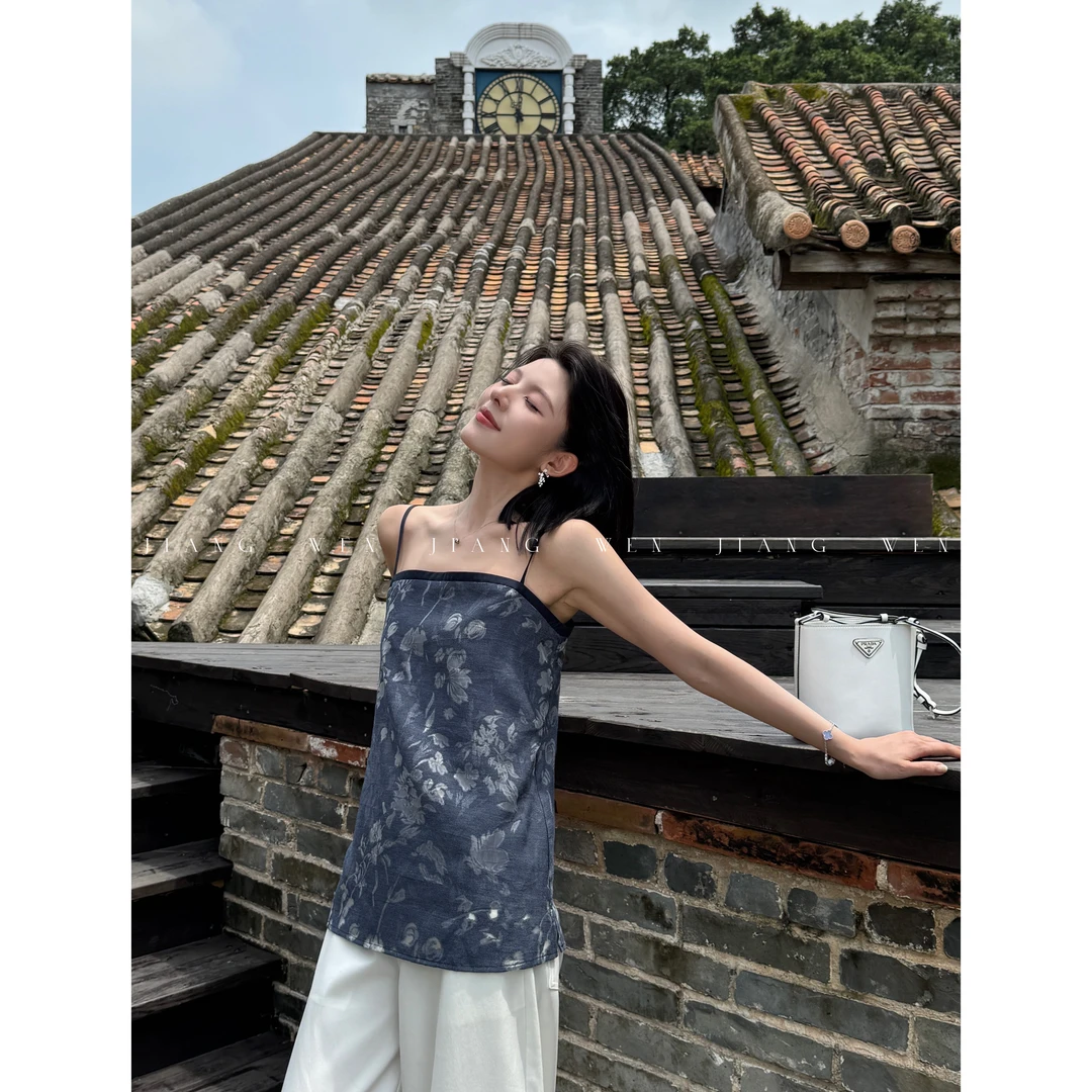 【蓝芝】韩版牛仔烧花设计感艺术印花无袖吊带背心