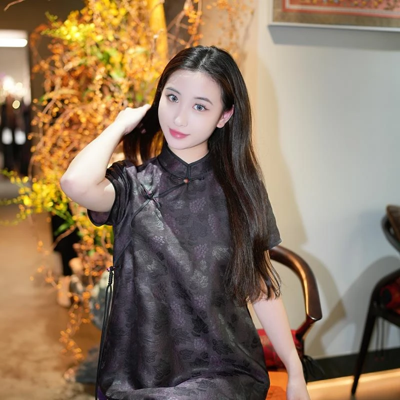 蓝大【嵌宝】桑蚕丝新中式短袖连衣裙7671