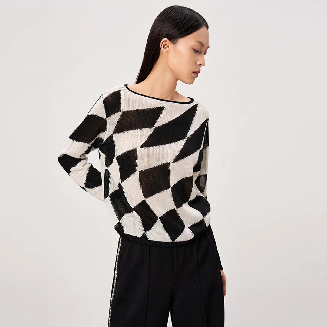 【达人专属】春季新款格菱纹宽松圆领长袖女士针织衫外套F563108