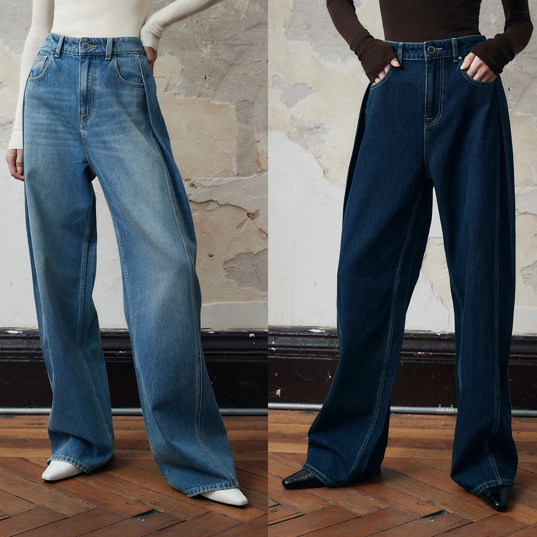 KEIGAN/开间长腿精显瘦阔腿牛仔裤春秋蓝色高腰时尚休闲复古宽松