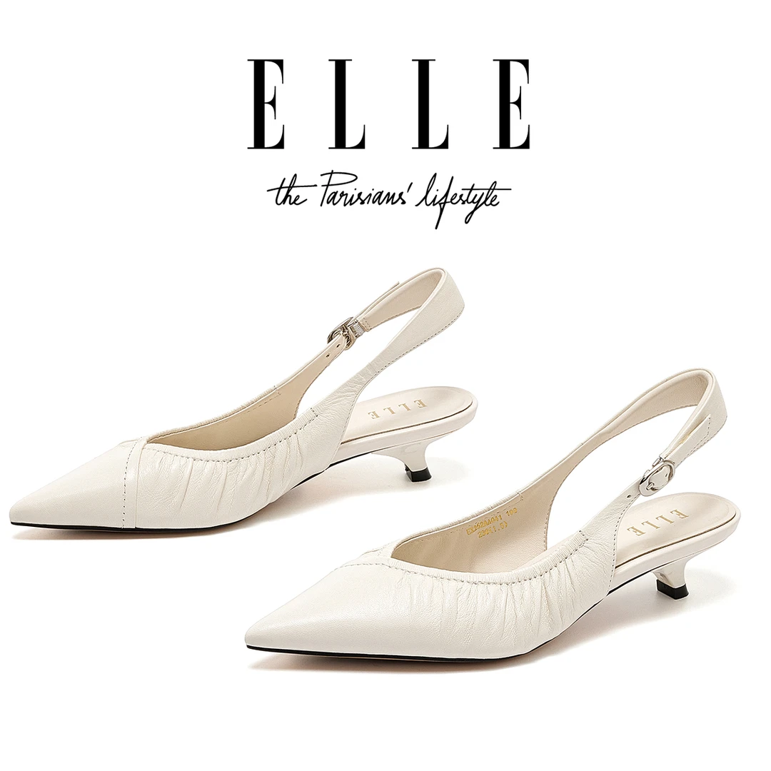 ELLE法式褶皱尖头粗跟包头凉鞋女名媛气质高跟鞋百搭真皮后空单鞋