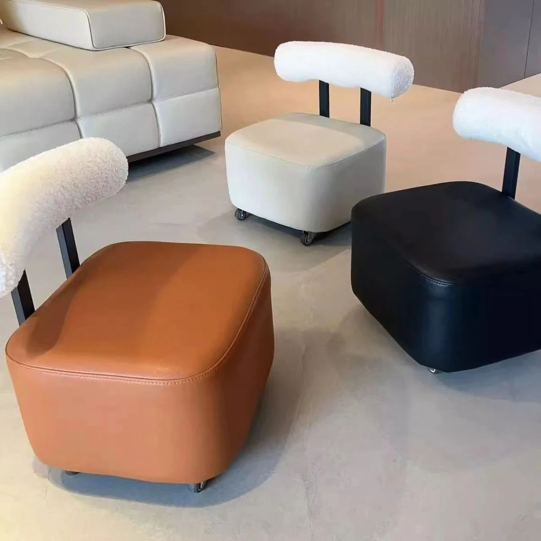 家用简约换鞋凳靠背沙发滑轮凳子客厅万向轮旋转矮凳实木