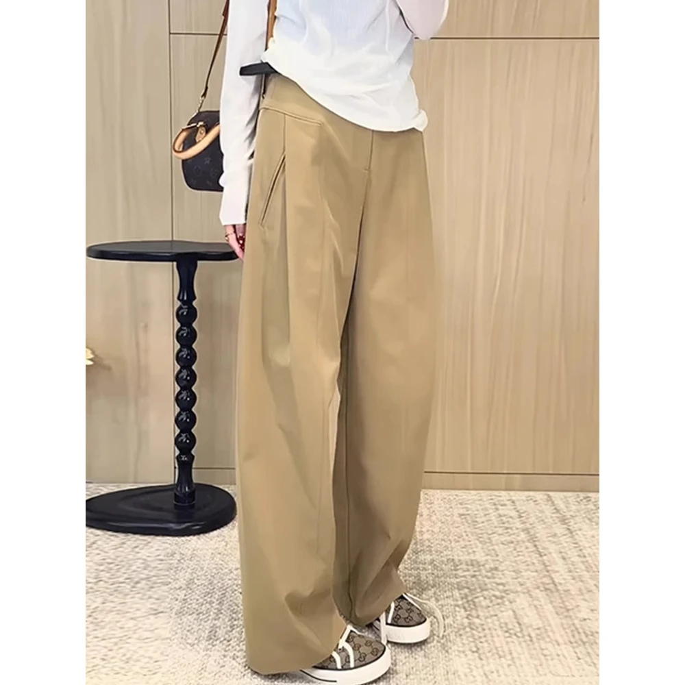 卡其色直筒休闲裤女2025年春夏季新款胖mm高腰松弛感显瘦阔腿裤子