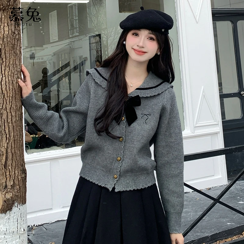 慕兔法式蝴蝶结毛衣开衫女2025新款秋季高级感宽松长袖针织衫上衣