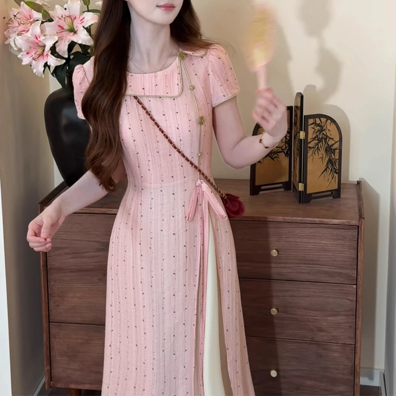 中式不规则改良旗袍裙子少女连衣裙纯欲慵懒风女装显瘦气质碎花