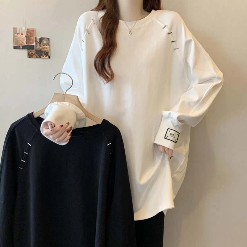 2025春季新款圆领简约钉扣卫衣T恤女大码宽松百搭休闲上衣