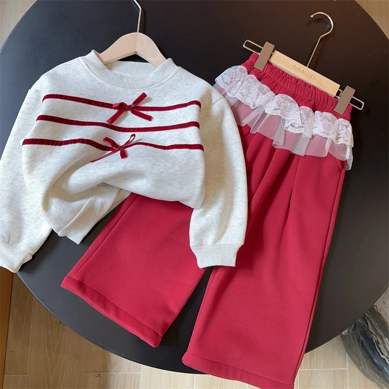 HHkids女童秋冬套装2024新款儿童蝴蝶结卫衣拼接网纱休闲裤ETZ455