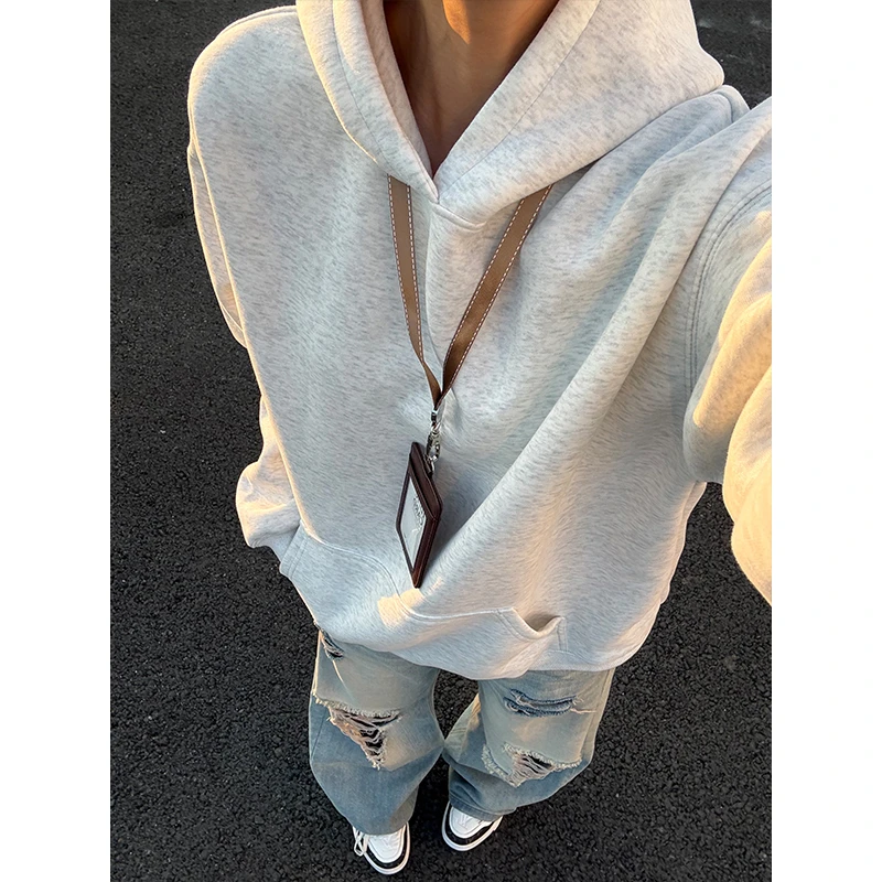 白灰色500g重磅卫衣男女秋季潮牌硬挺连帽衫clenfit美式情侣外套