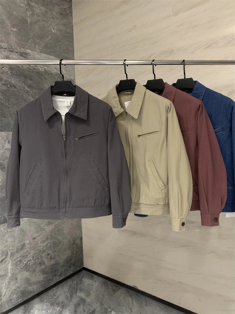 春秋美式复古工装底特律夹克水洗棉休闲拉链茄克巴恩风翻领外套潮