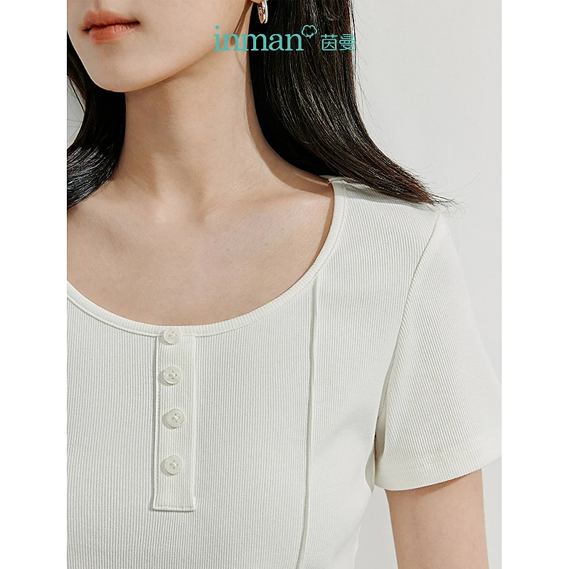 【茵曼服装】茵曼百搭U领短袖正肩鱼骨线修身T恤18525587