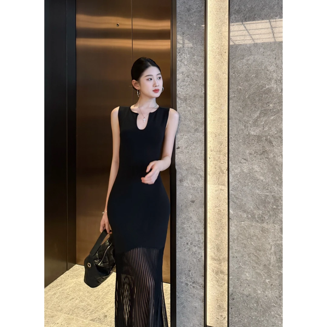 【晚宴腔调】法式名媛拼接蕾丝冰丝针织连衣裙气质修身背心鱼尾裙