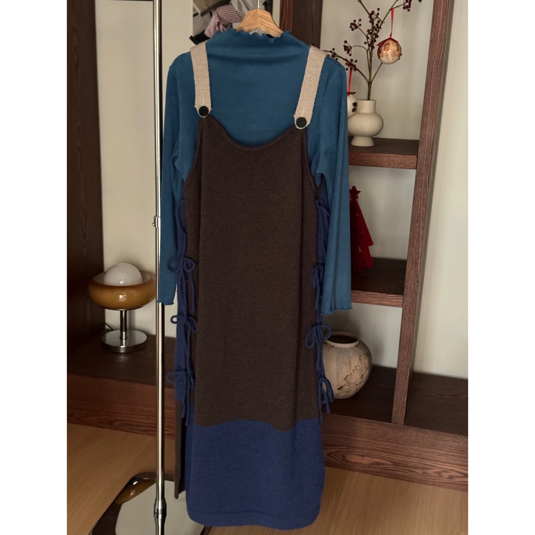 宽松撞色两侧系带背带毛衣罩裙（no退no换）