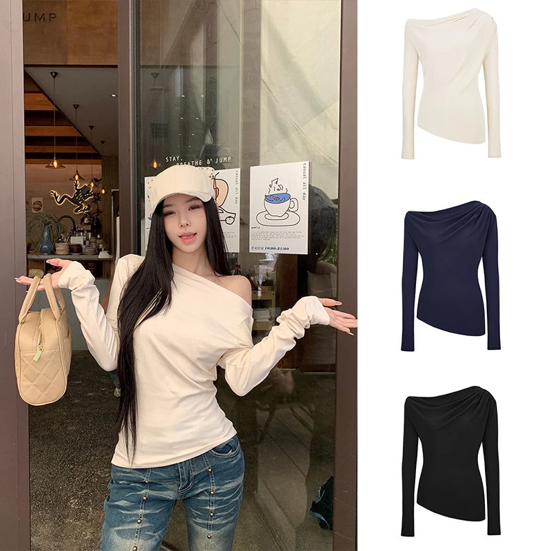 现货斜肩辣妹长袖T恤ins不对称修身显瘦露肩上衣夏季百搭时尚显瘦