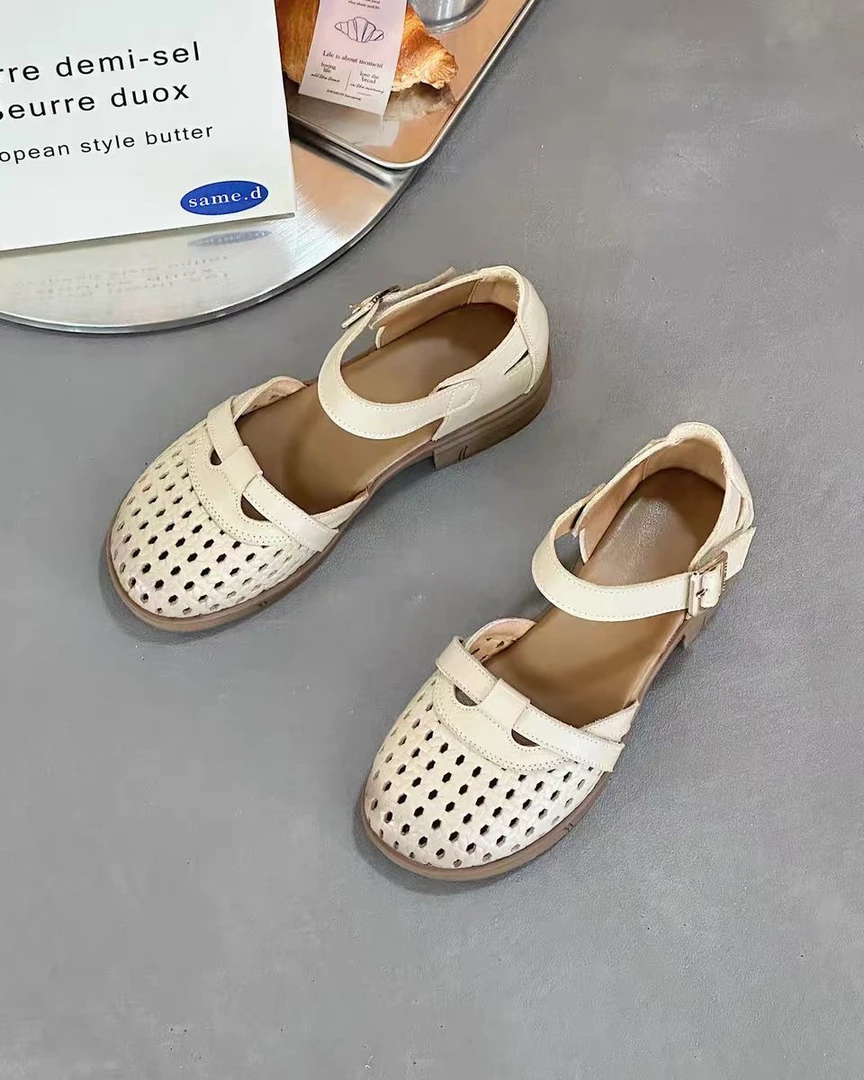 2025夏季新款牛皮包头粗跟舒适妈妈鞋软底镂空休闲凉鞋