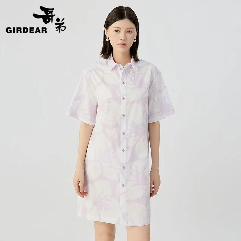 哥弟  宽松百搭木棉花两穿短袖衬衫裙150023