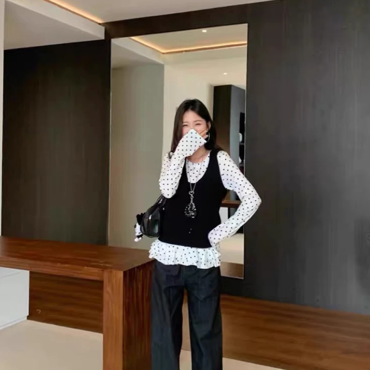 88075新款韩系波点荷叶边下摆马甲背心两件套女秋修身显瘦上衣