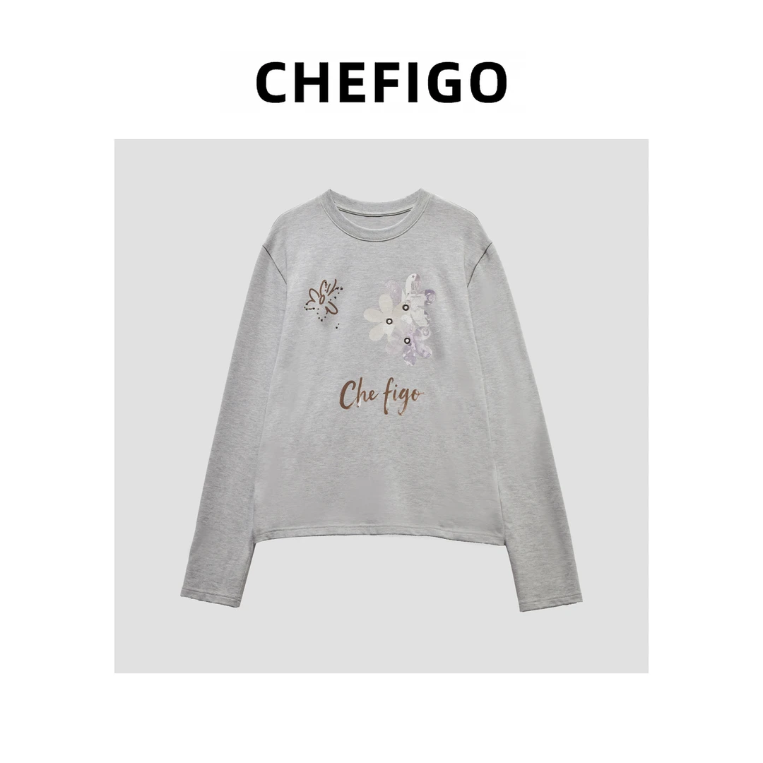 CHEFIGO花朵烫钻字母印花T