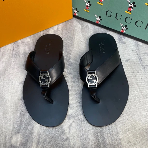 95新 GUCCI/古驰 黑色人字拖男士拖鞋/41码